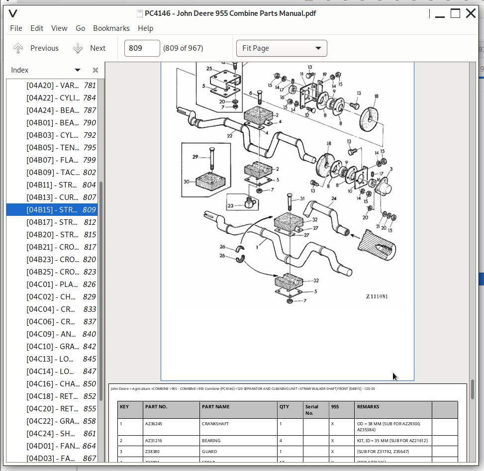 John Deere 955 Combine Parts Catalog (PC4146) A++ Repair Manual Store